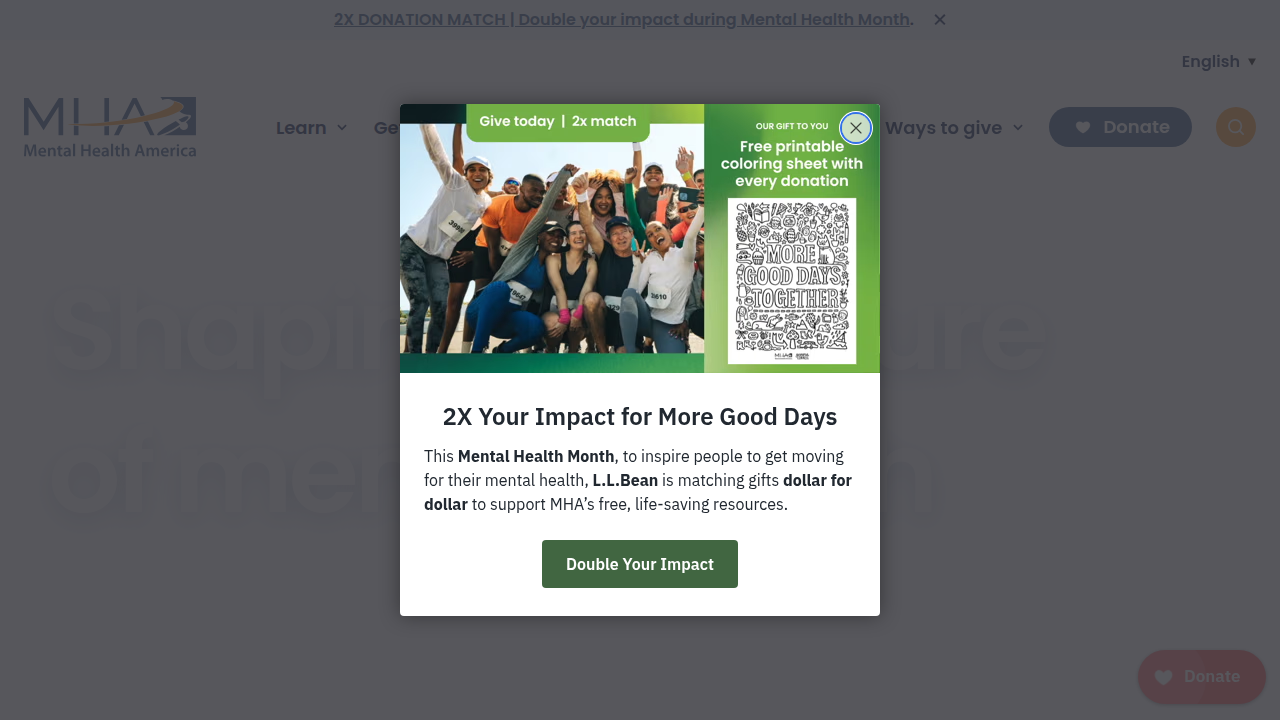 The official homepage of Mental Health America (MHA), showcasing its resources and advocacy for mental wellness.