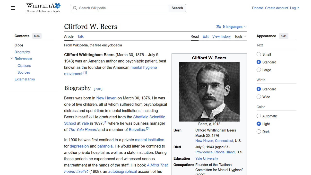 The Wikipedia page for Clifford W. Beers, the founder of Mental Health America, highlighting his significant contributions.