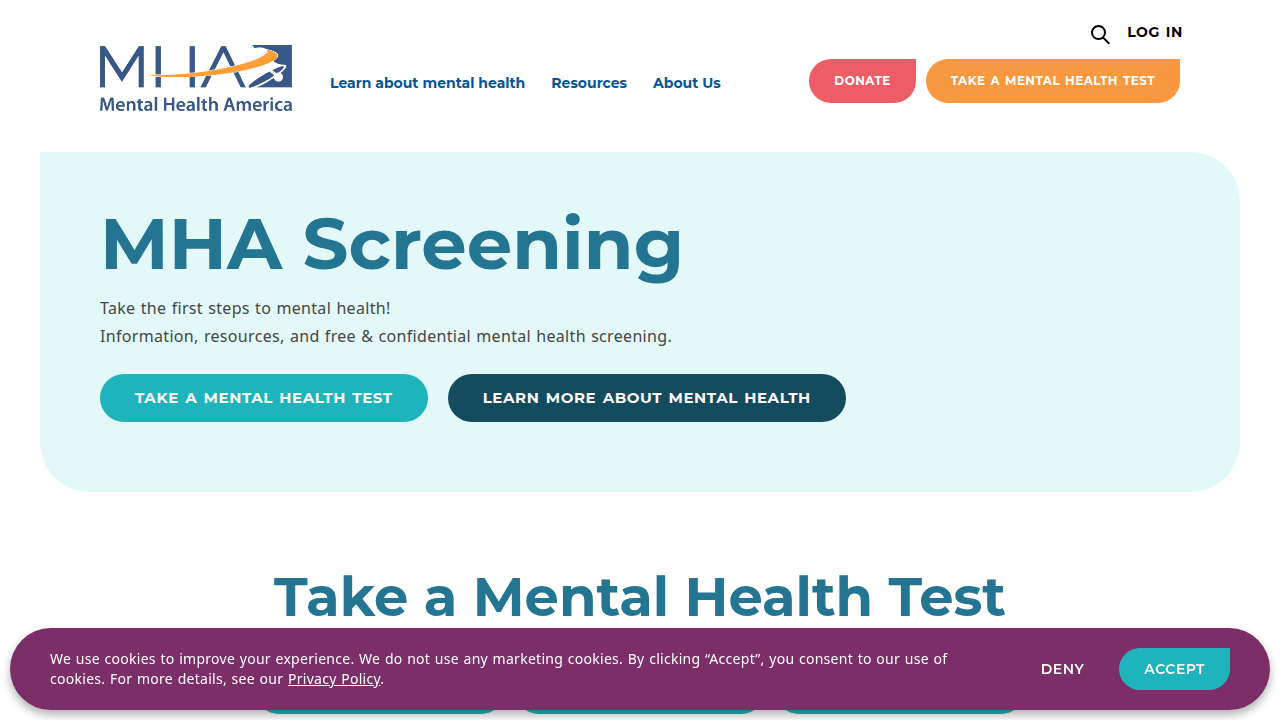 A screenshot of Mental Health America's free and anonymous online screening tools, designed for self-assessment.