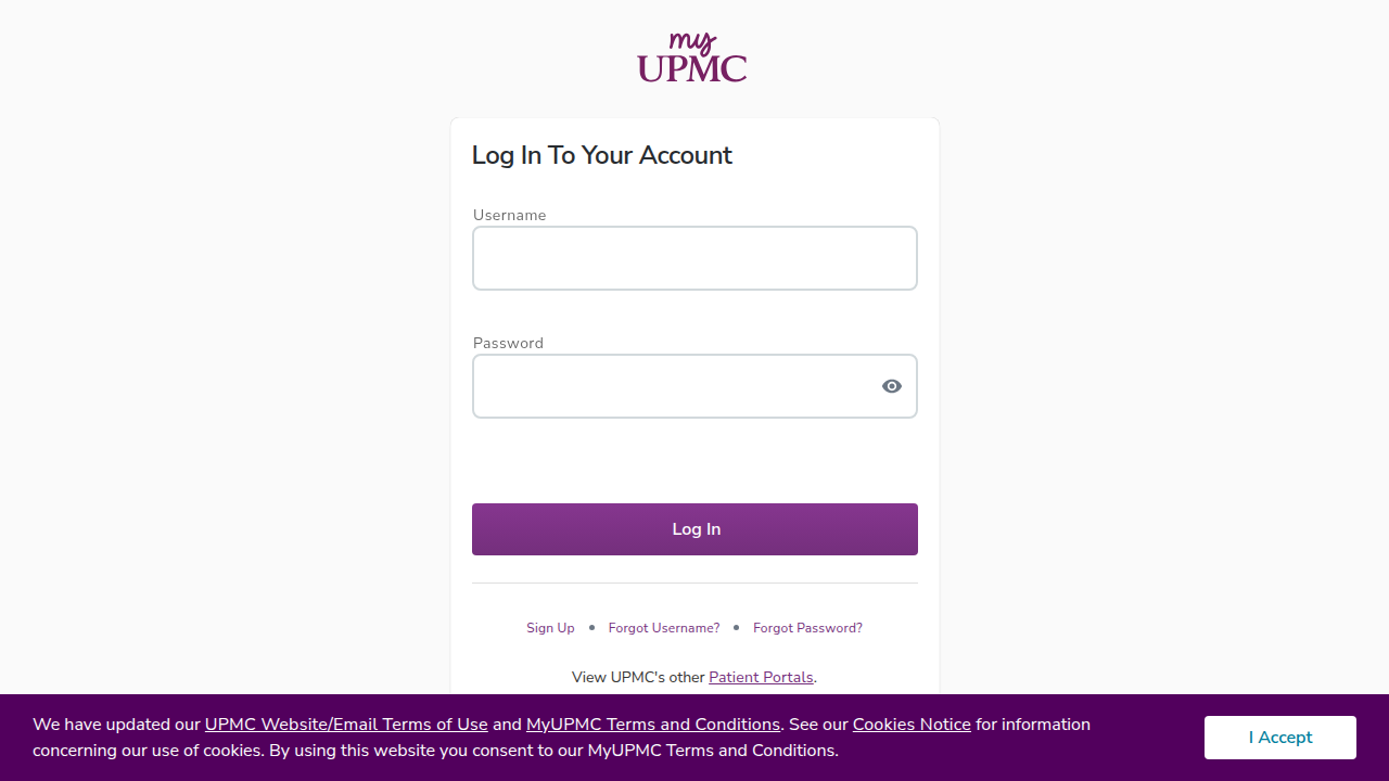 A screenshot of the MyUPMC login page, serving as the entry point for patients to access their health information and connect with their care team.