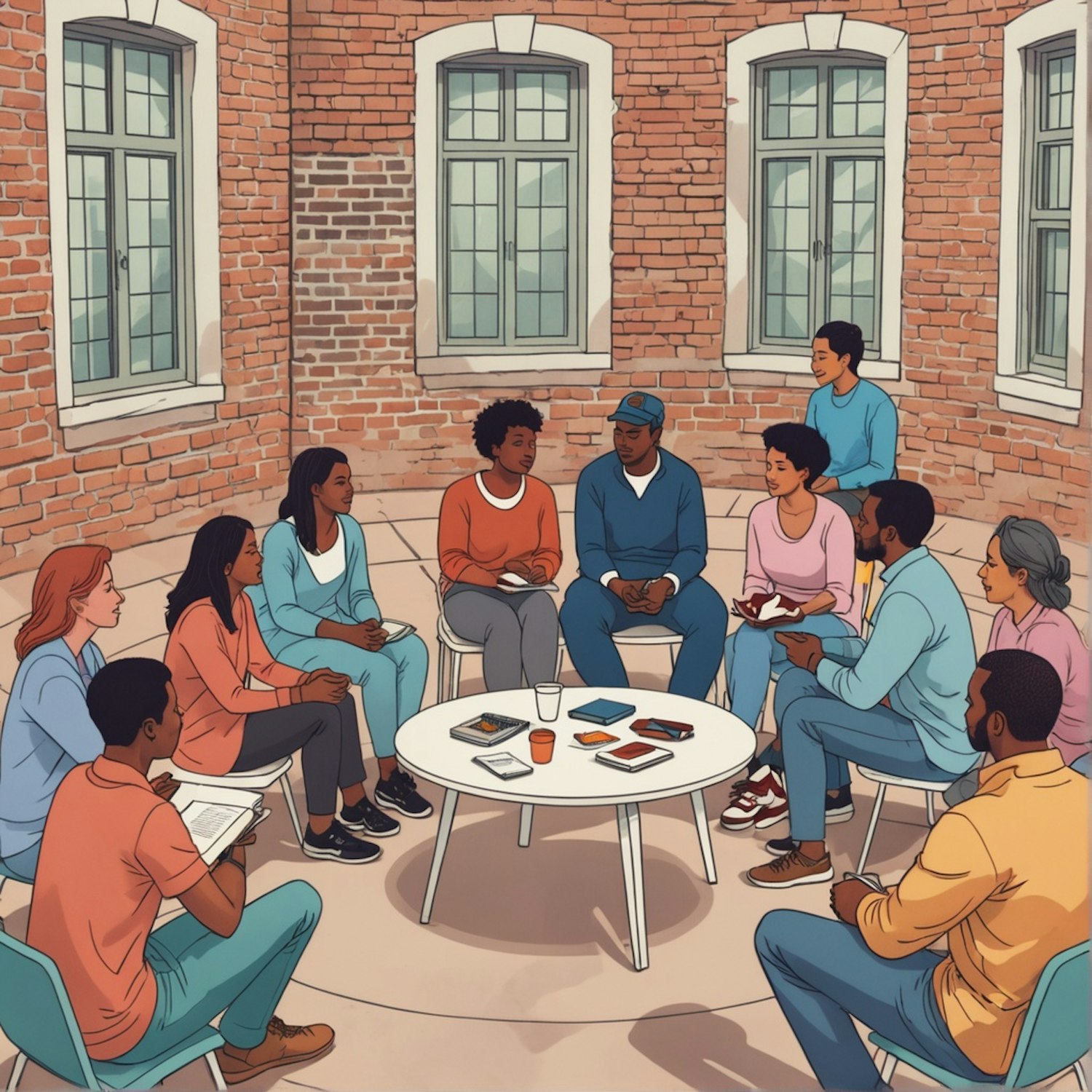 A diverse group of individuals actively participating in a Mental Health First Aid training session, reflecting hands-on learning.