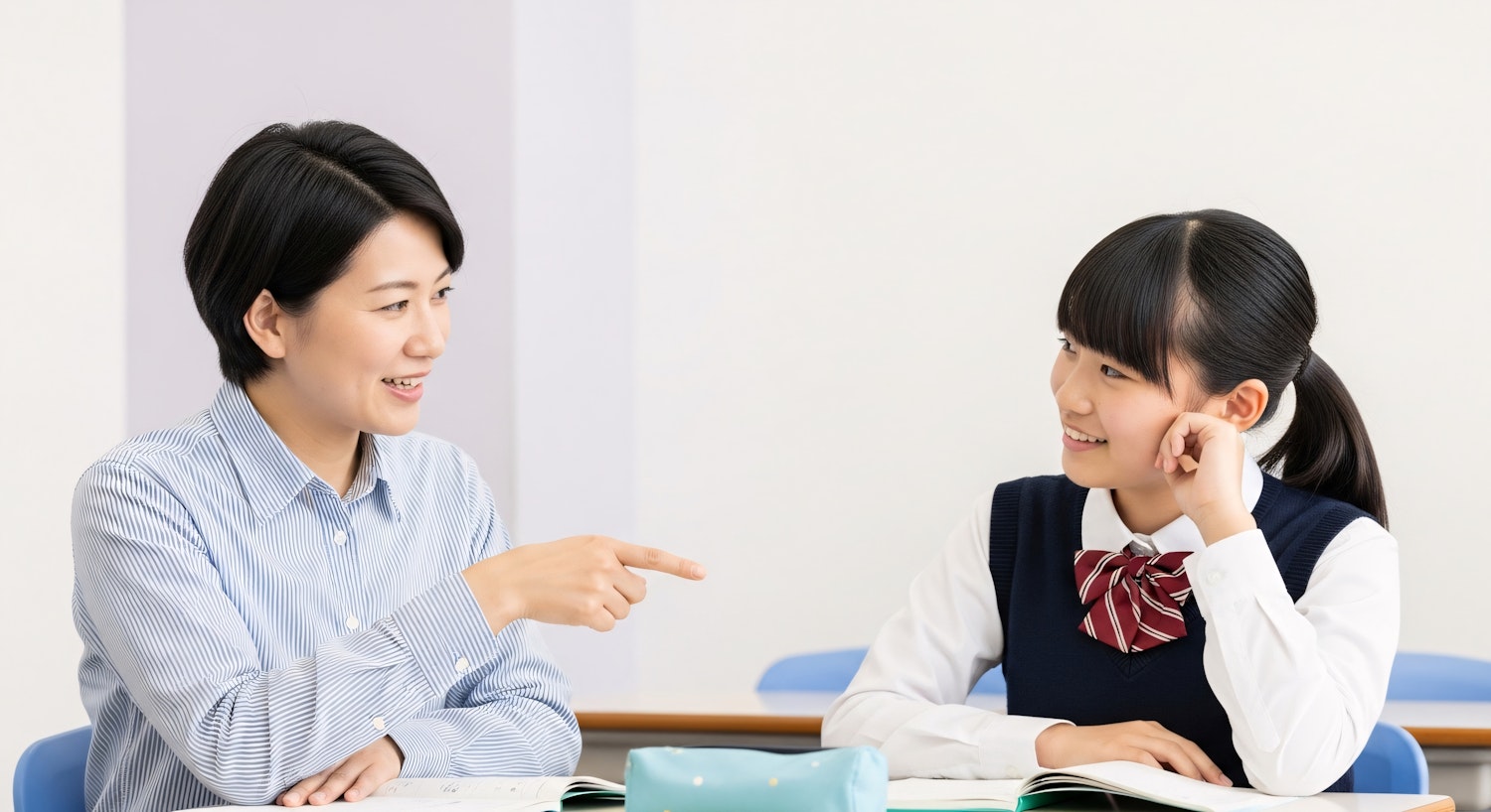 A teacher engaging in a caring conversation with a student in a school hallway, representing early intervention in educational settings.
