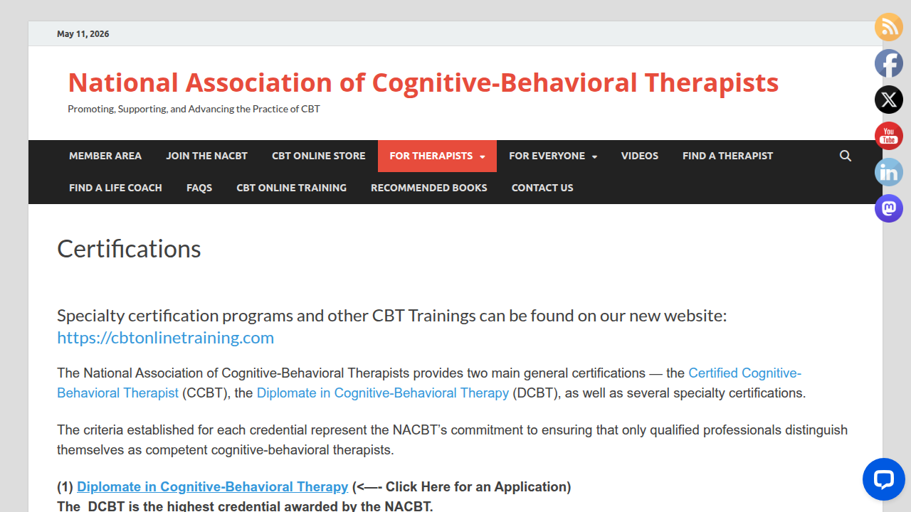 The certifications page of the National Association of Cognitive-Behavioral Therapists (NACBT), detailing credentials for qualified CBT professionals.