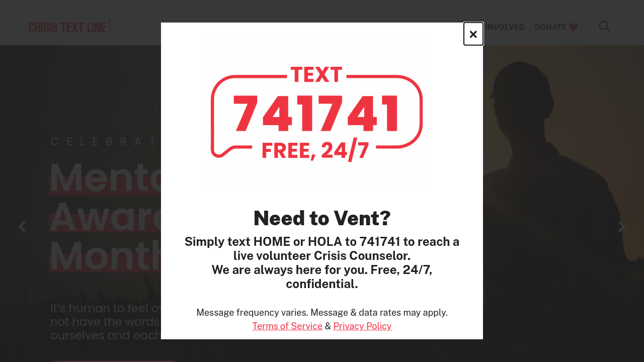 The Crisis Text Line website, offering free and confidential text-based support globally.
