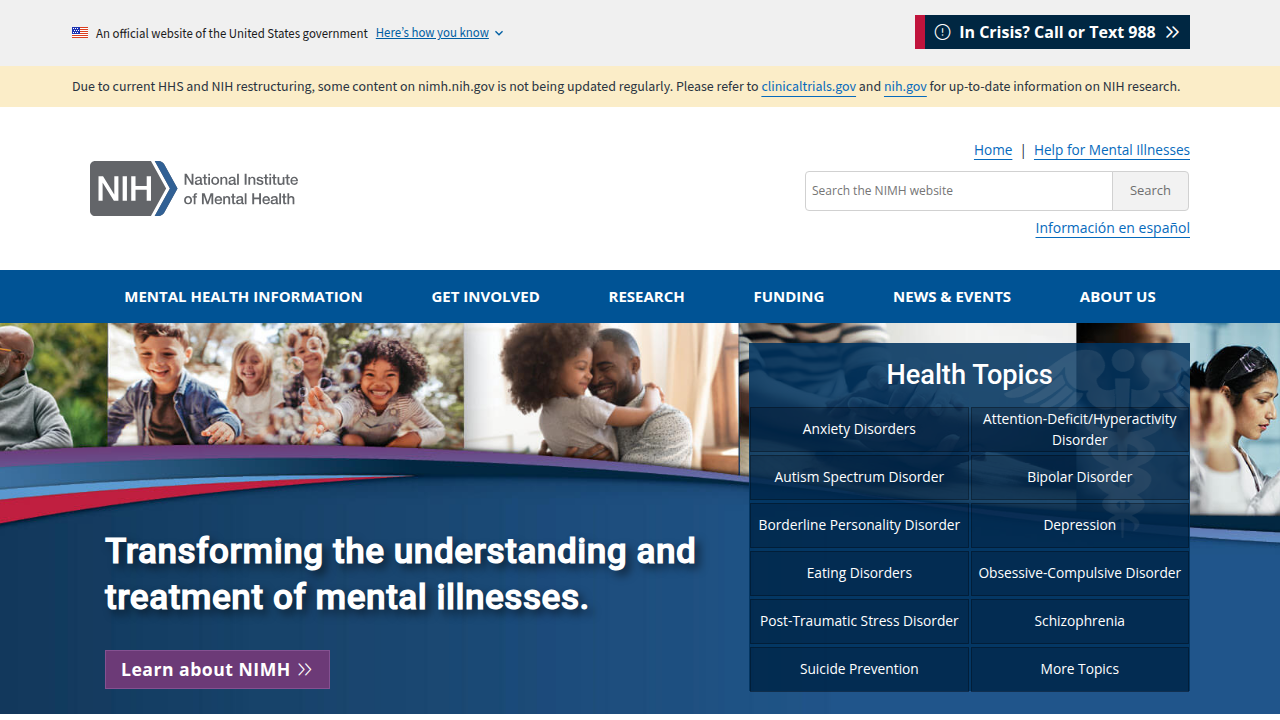 The National Institute of Mental Health (NIMH) website, a leading resource for mental health statistics and information.