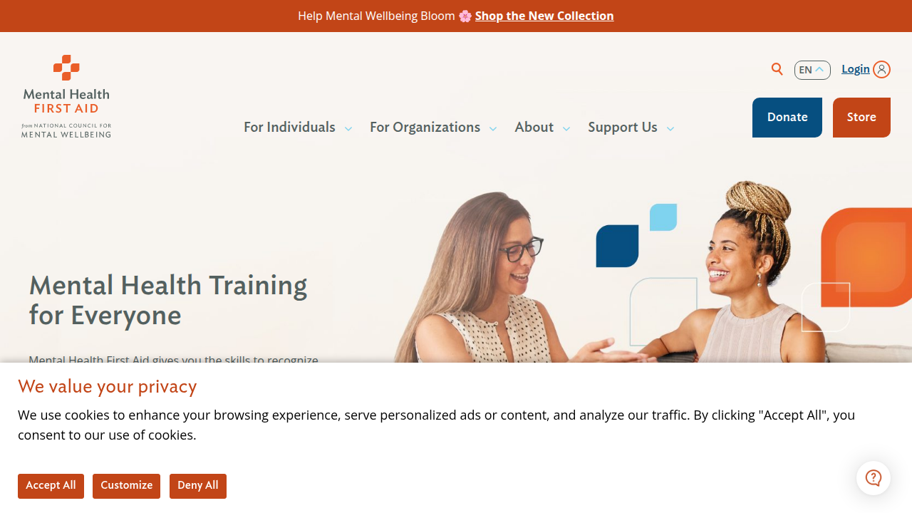 The Mental Health First Aid website, providing training and resources for supporting individuals in emotional crises.