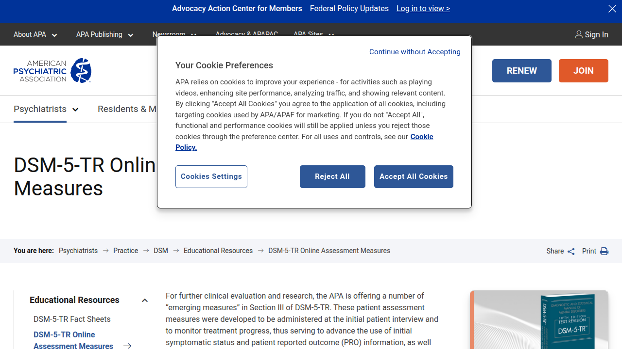 The American Psychiatric Association offers online assessment measures for clinicians to aid in diagnosing and tracking symptom severity for mental health conditions.