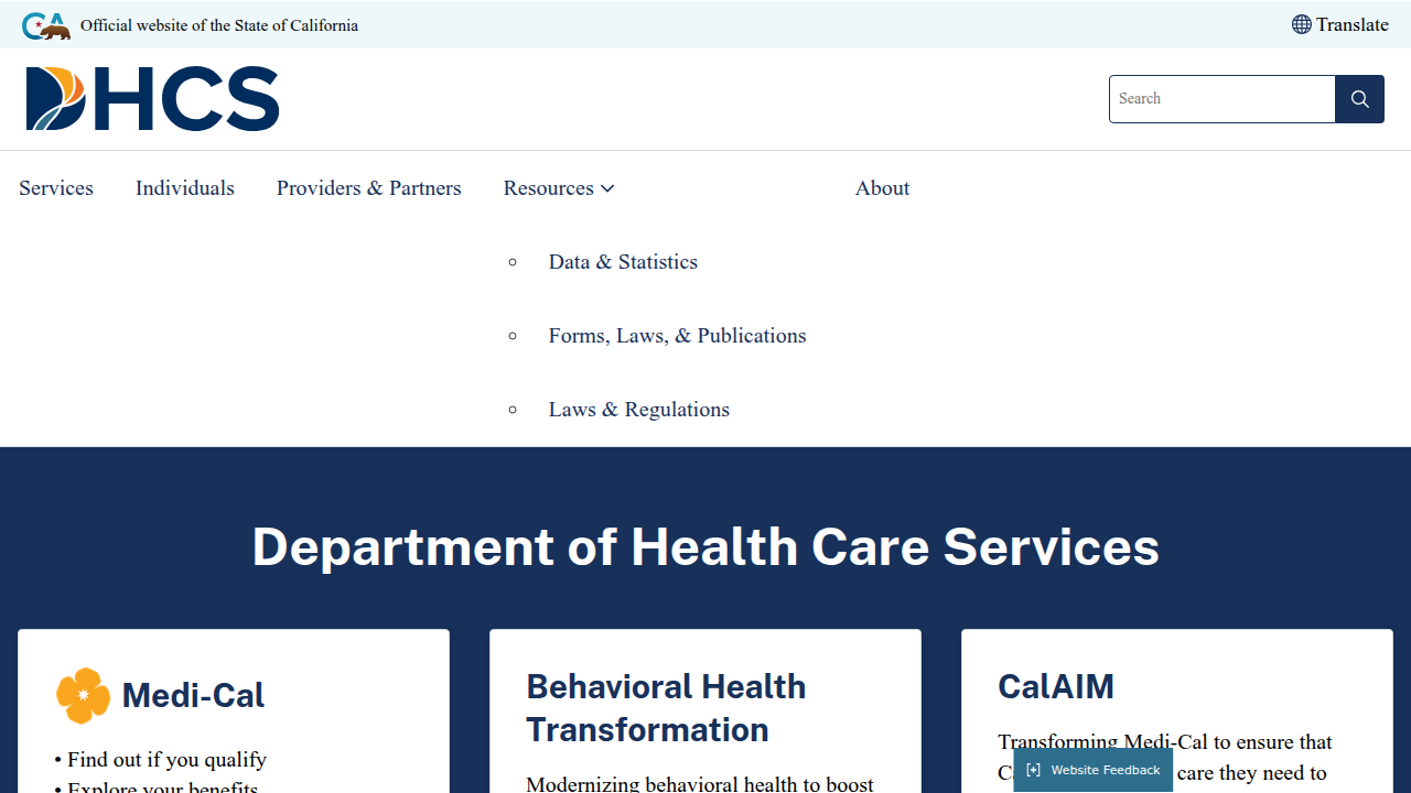 Screenshot of the California Department of Health Care Services (DHCS) homepage, the primary source for Medi-Cal information and services.