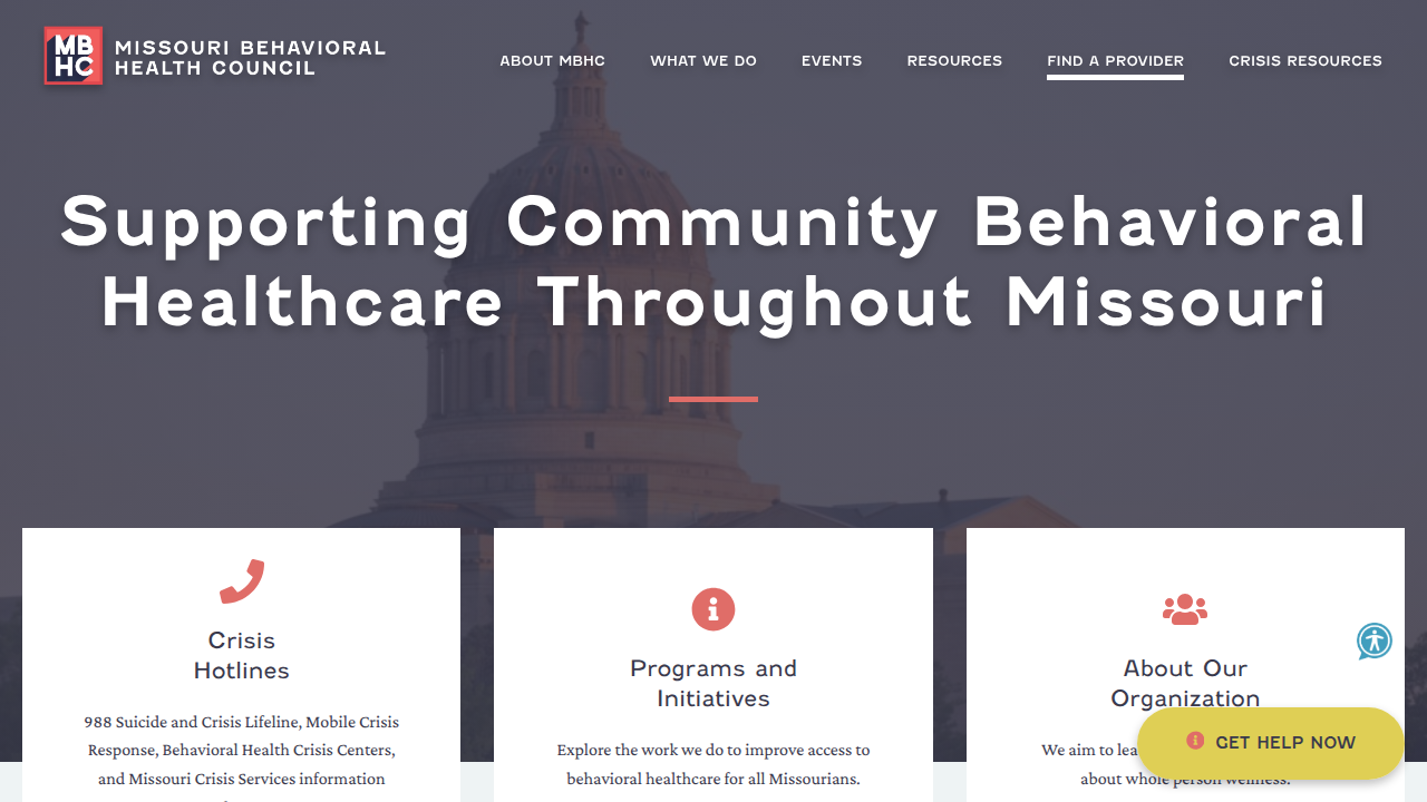 The Missouri Behavioral Health Council website, offering critical resources for immediate help and crisis support.