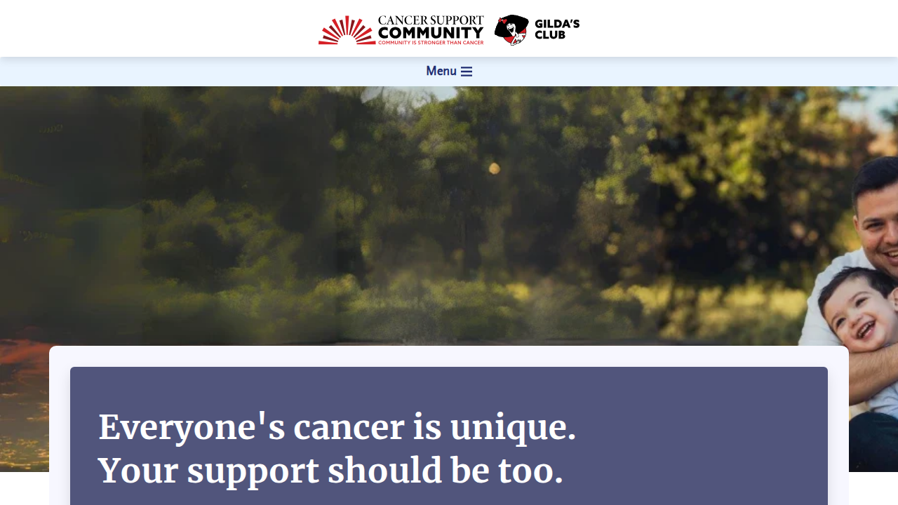 A screenshot of the Cancer Support Community homepage, a non-profit organization providing support and resources for cancer patients and survivors.