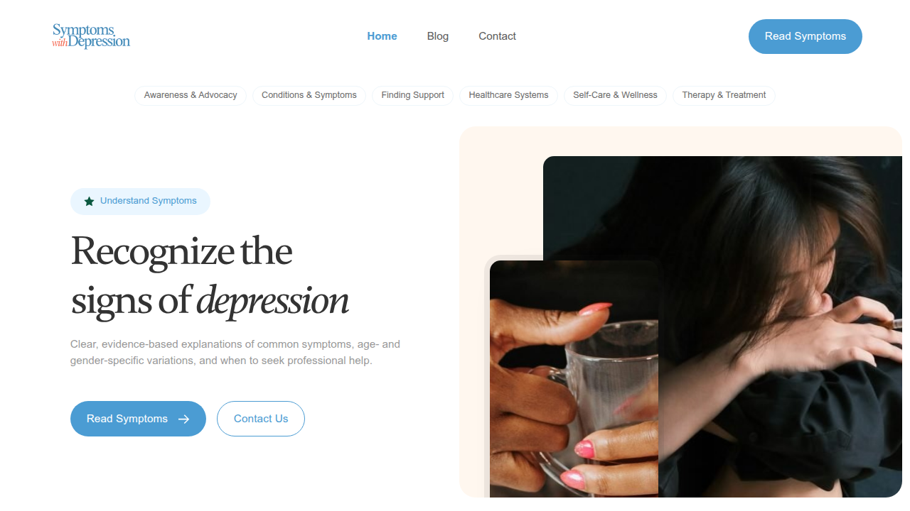 Screenshot of Symptomswithdepression.com, a resource for mental health information and support.