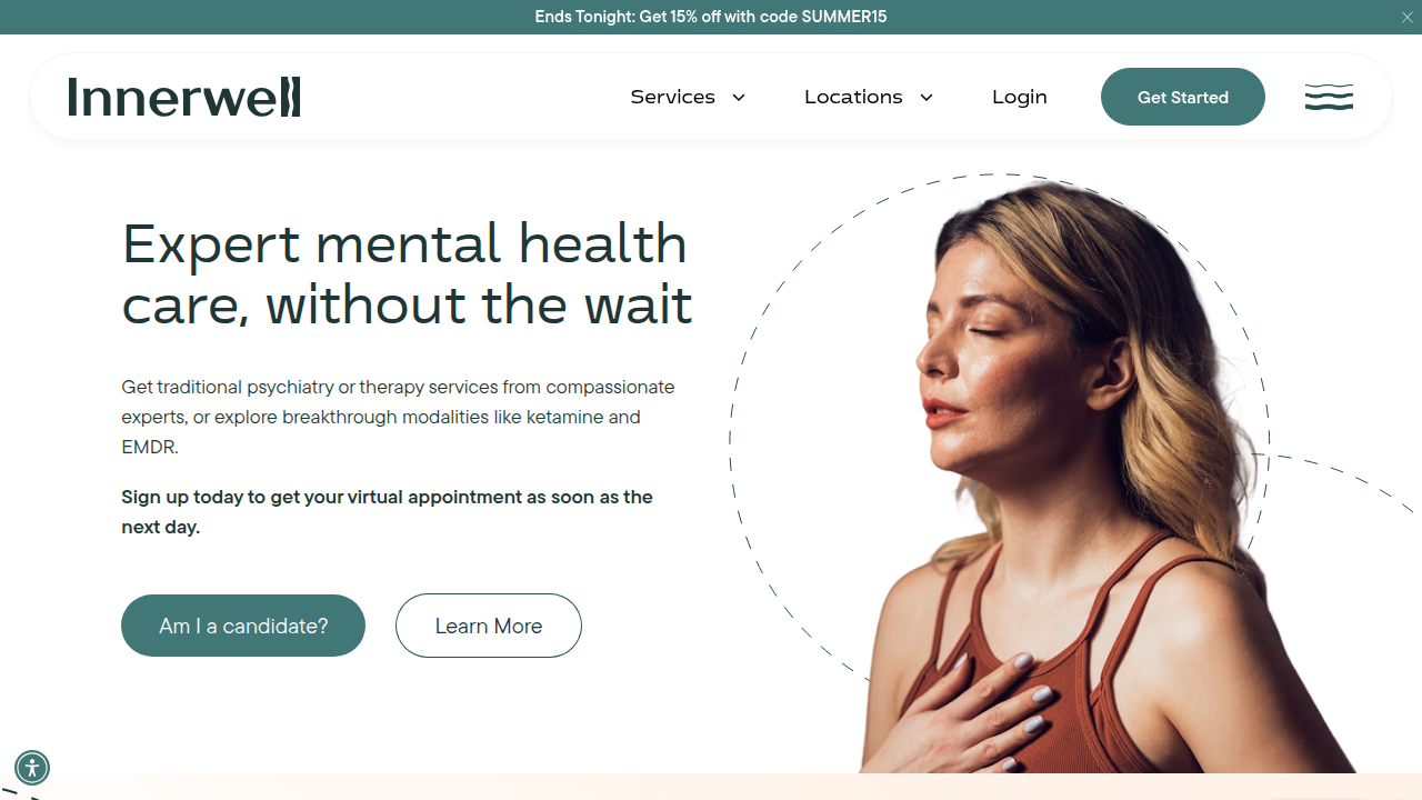 Screenshot of the Hello Innerwell homepage, a resource for mental health insights and support.