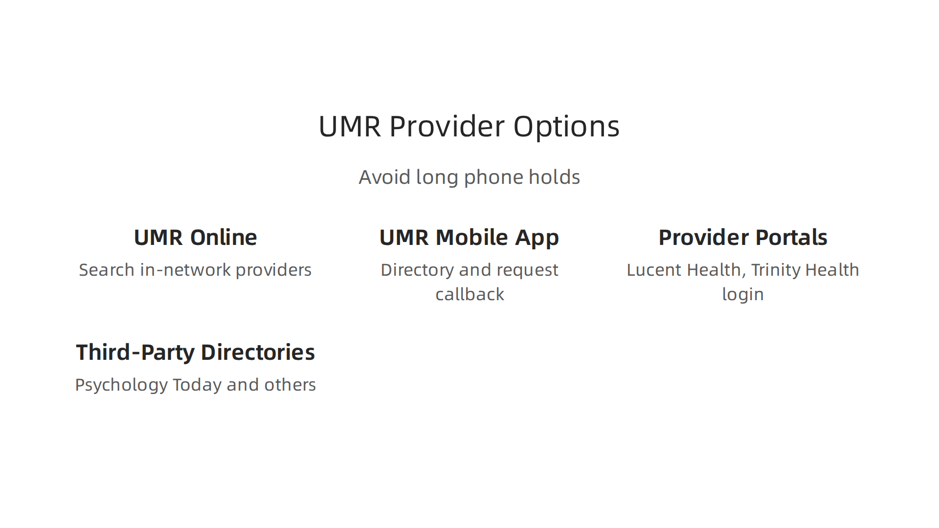 An infographic illustrating various alternative methods to find mental health providers through UMR, beyond just phone calls.