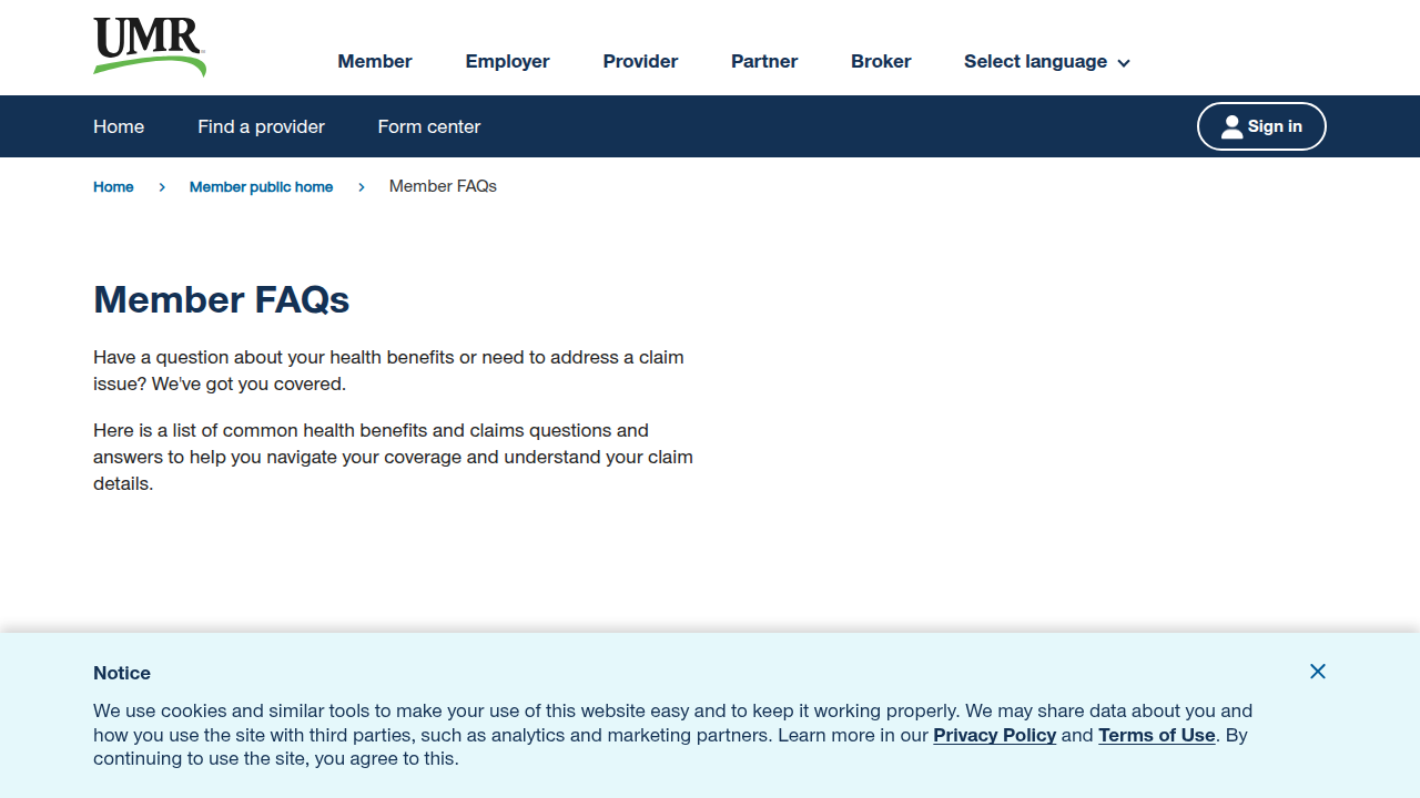 Screenshot of the UMR Member FAQs page, offering answers to common questions about coverage and services.