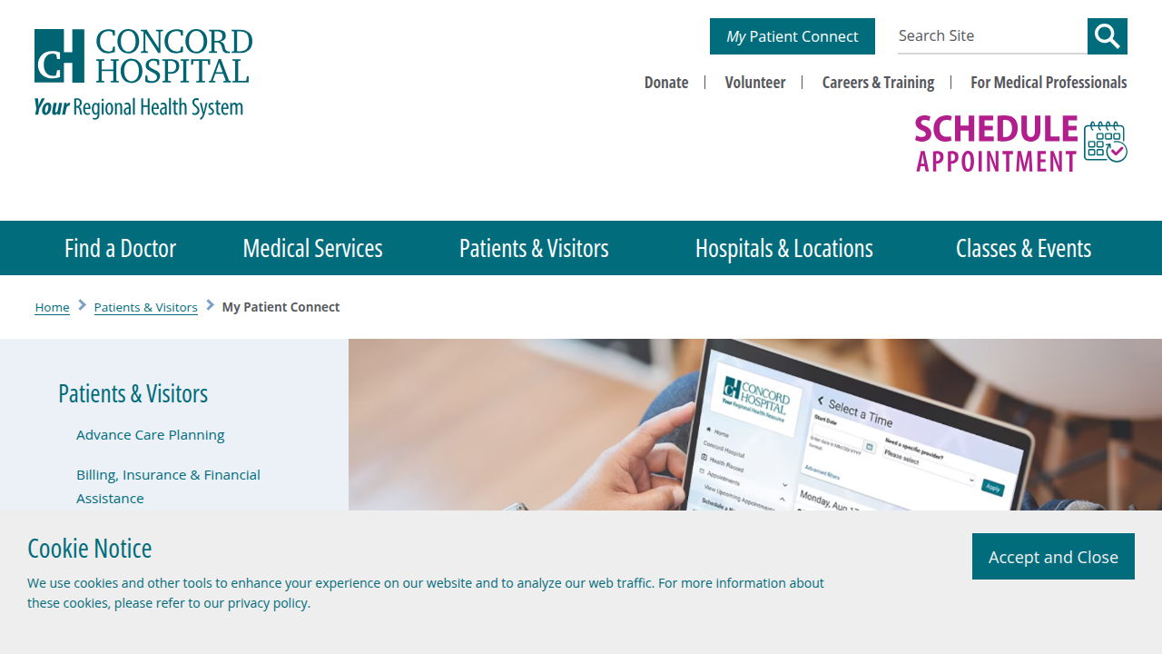 A view of the Concord Hospital My Patient Connect patient portal, offering digital access to health records and care services.
