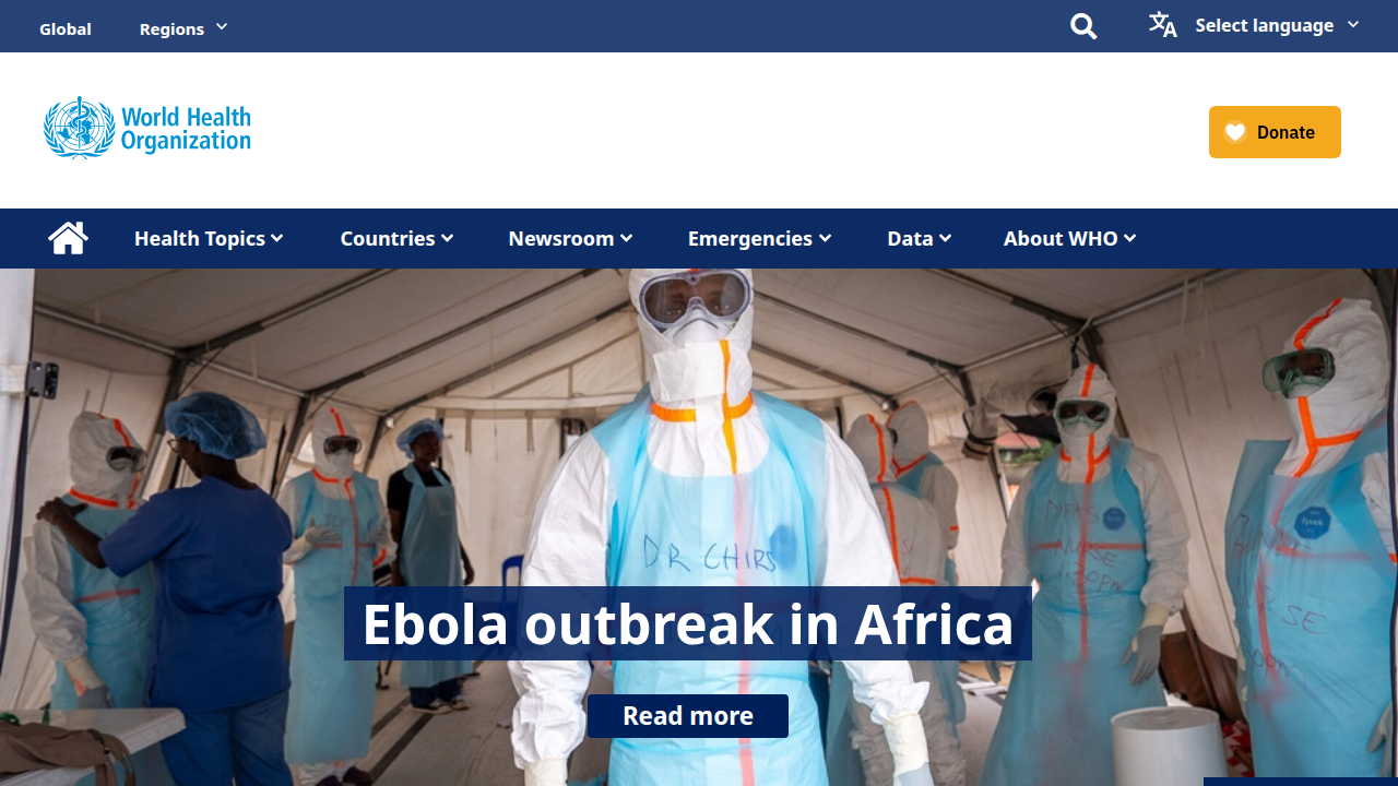Screenshot of the World Health Organization (WHO) website, a key resource for global health standards like ICD-11.