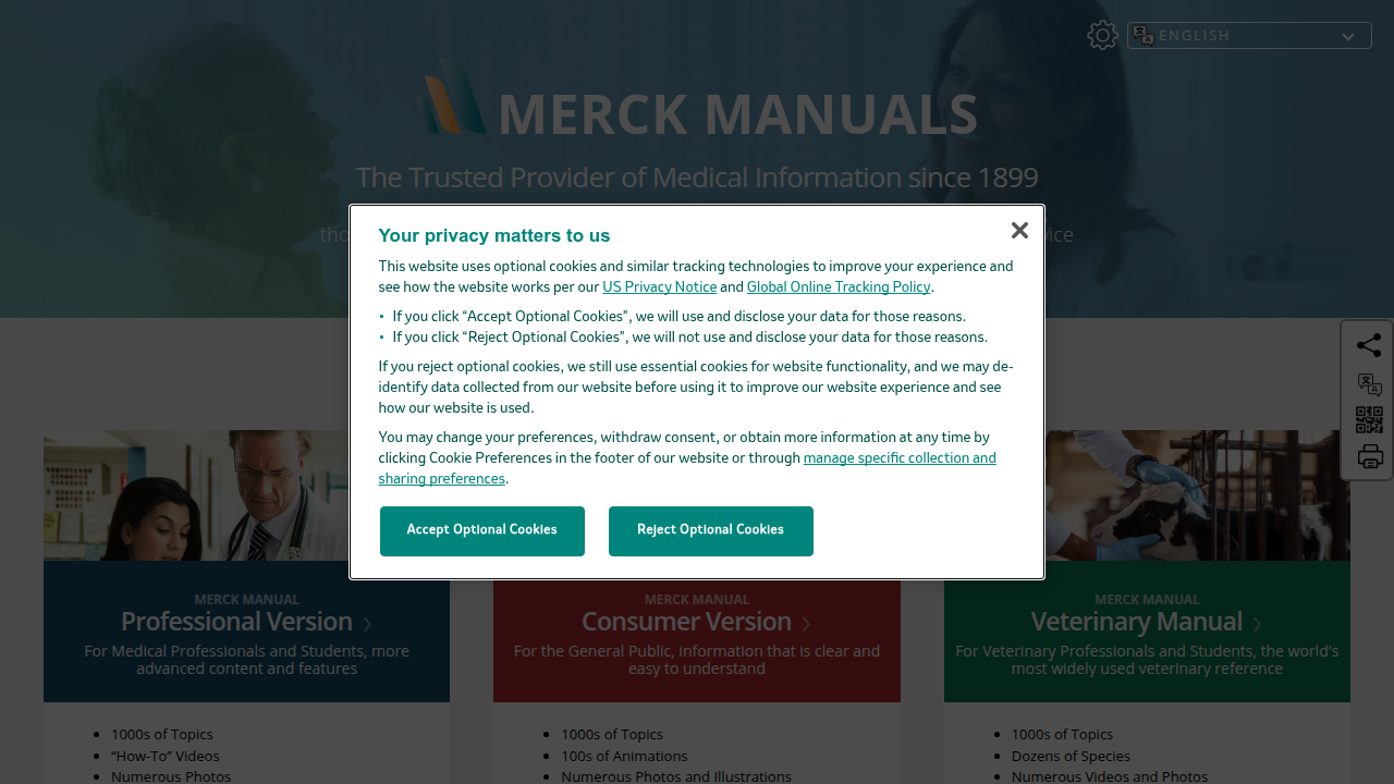 Screenshot of the Merck Manuals website, a professional reference for medical information including depressive disorders.