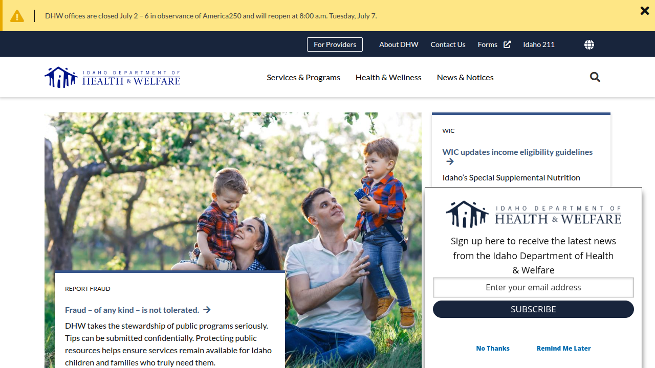 Explore the official website of the Idaho Department of Health and Welfare, the state's largest agency providing essential services.