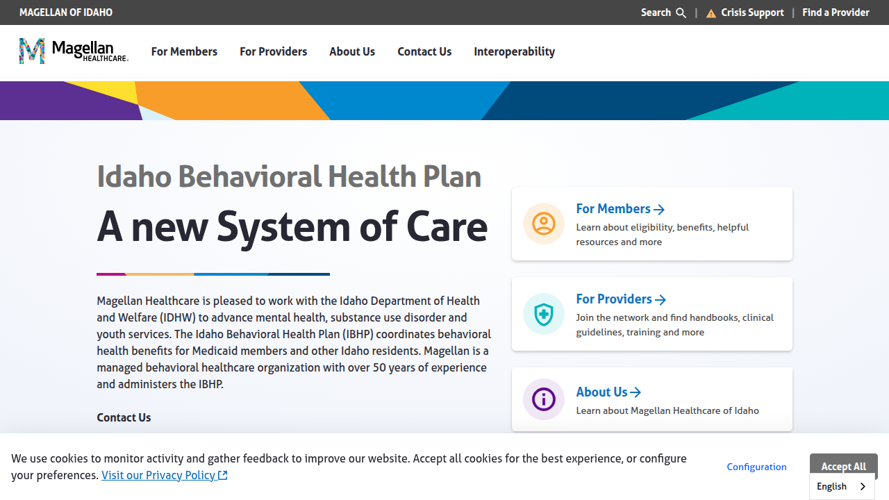 The Magellan of Idaho website, providing information on eligibility for the Idaho Behavioral Health Plan (IBHP).