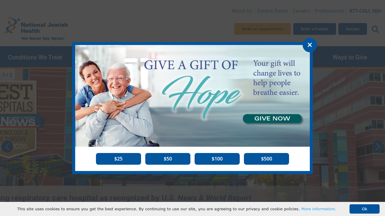 The homepage of National Jewish Health, illustrating its commitment to integrated medical and mental health care.