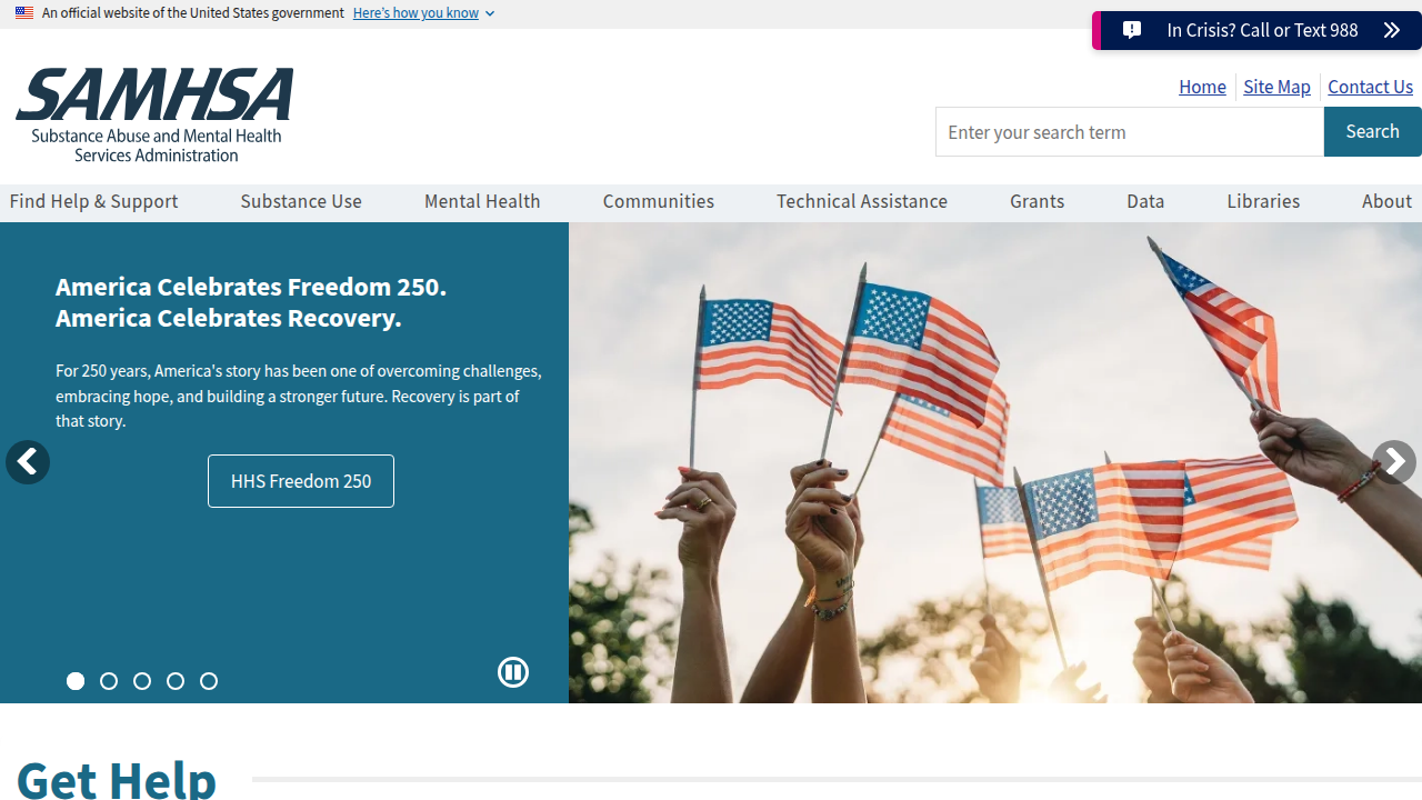 The Substance Abuse and Mental Health Services Administration (SAMHSA) website, offering a national helpline and resources.