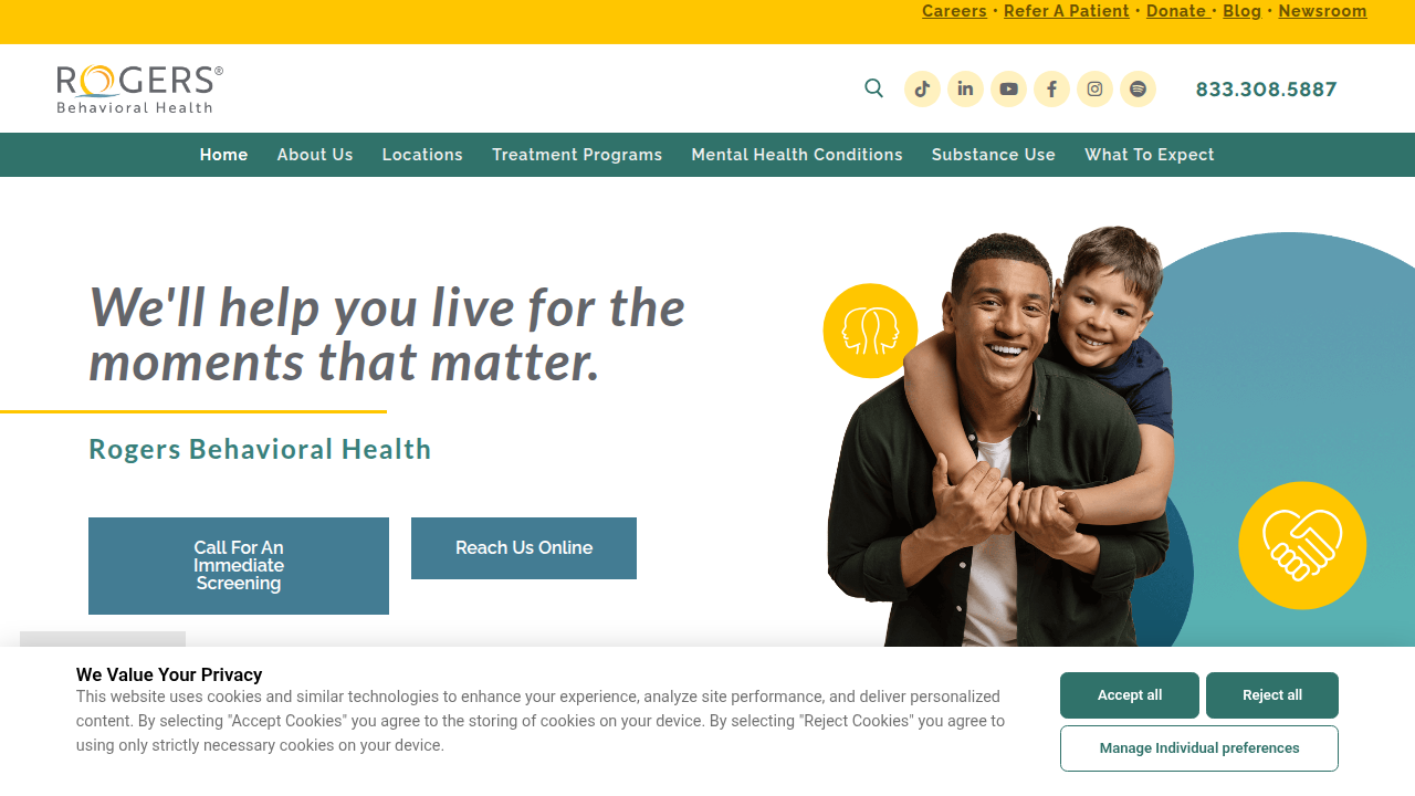 The homepage of Rogers Behavioral Health, a national leader in mental health and addiction treatment.