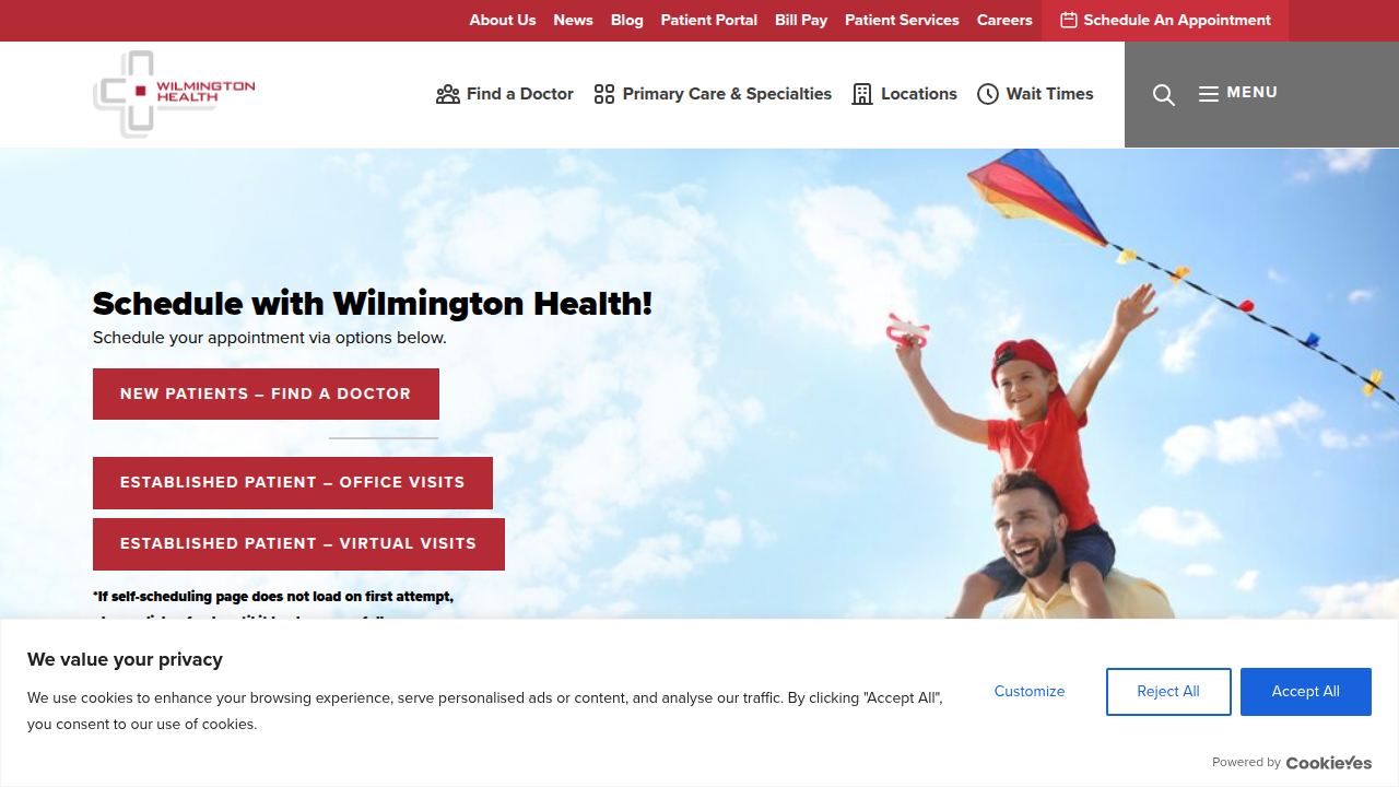 A screenshot of the Wilmington Health portal homepage, representing a typical medical provider portal interface.