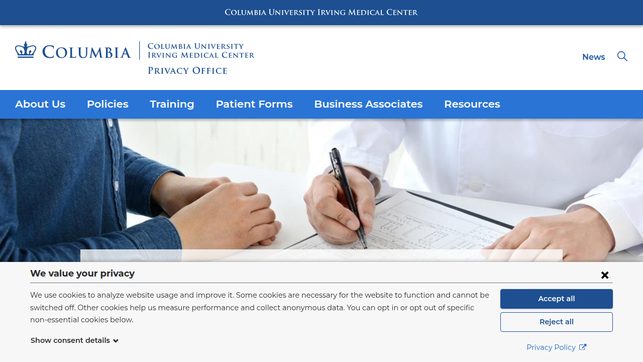 A screenshot of the Columbia University Medical Center (CUIMC) Privacy Office homepage, a resource for patient portal privacy rules.