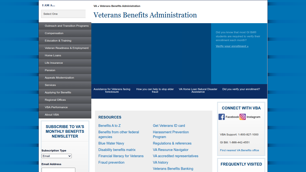Screenshot of the Veterans Benefits Administration homepage, a key resource for veterans' benefits.