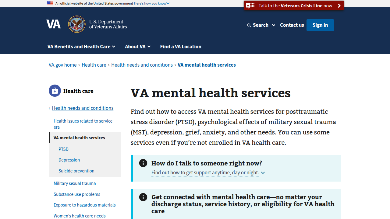 Screenshot of the VA Mental Health Services webpage, offering guidance on accessing care.